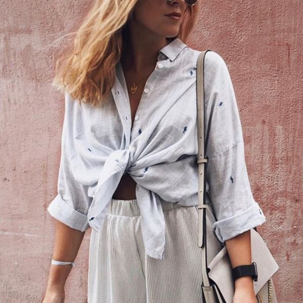 Zara Basic Button Down Cactus Embroidered Long Sl… - image 1